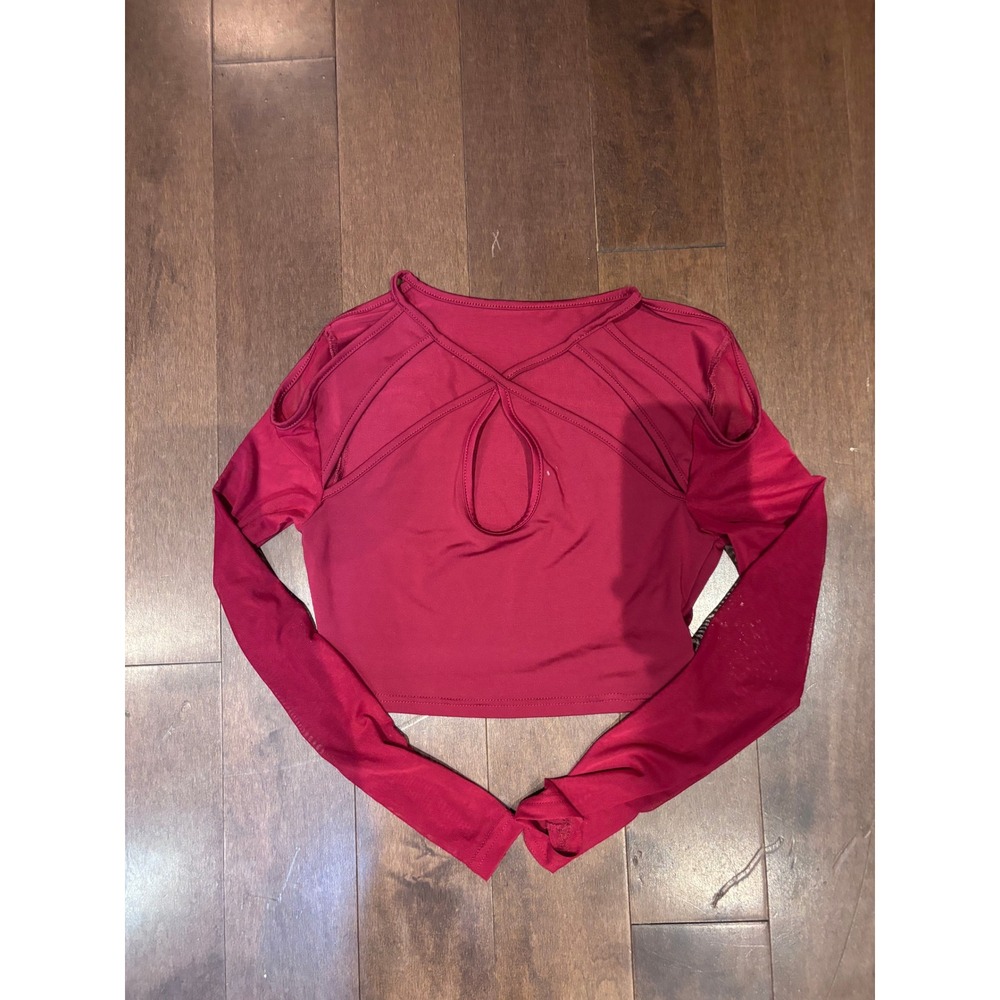 Burgundy Strappy Keyhole Cold Shoulder Mesh Long Sleeve Crop Top Womens